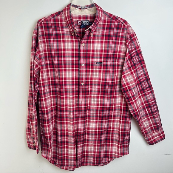 Ralph Lauren Chaps Red Navy Plaid Men's Button Down Shirt 100% Cotton Preppy - Picture 2 of 11